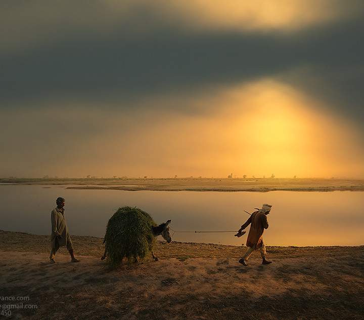 Landscape Beauty and Life on the River Ravi in a Summer Evening